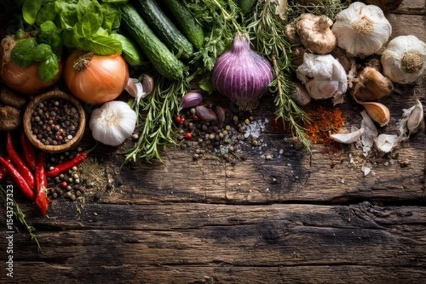 Fototapeta Vegetables and Spices on Rustic Wood Table