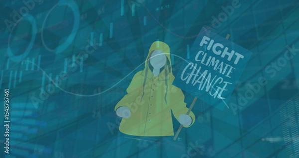 Obraz Faceless figure wearing yellow raincoat holding protest sign on digital grid, with data overlays