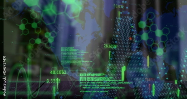 Obraz Displaying world map and network on office desk, with floating numerical data and candlestick chart