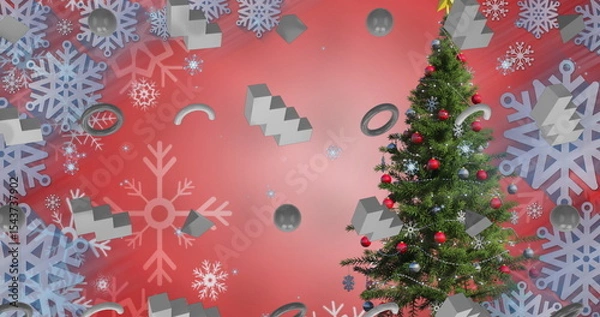 Obraz Evergreen Christmas tree glowing in red gradient studio with floating snowflake icons, copy space