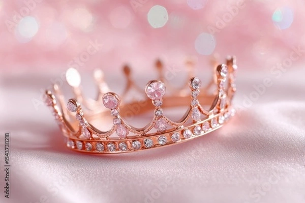 Obraz Sparkling rose gold crown resting on pink silk with bokeh effect