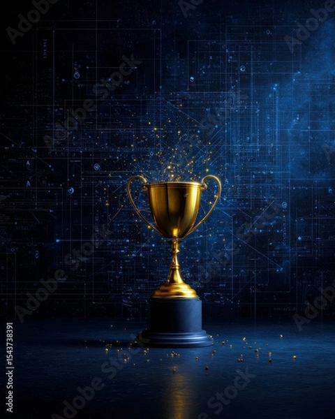 Obraz A stunning golden trophy sparkles against a dark blue background, symbolizing achievement and success.