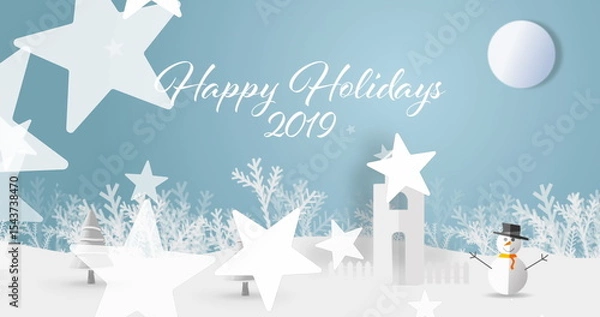 Fototapeta Floating white cursive greeting text Happy Holidays 2019 over snowy hills, with snowman and tower