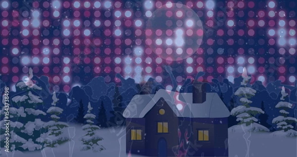Obraz Glowing house with lit windows, full moon shining over snowy clearing, with colored sky light grid