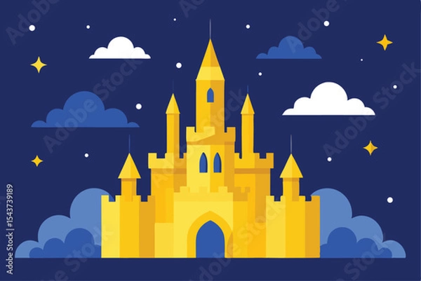 Fototapeta Enchanting golden castle illustration with dreamy clouds and stars against a dark blue background, perfect for fairy tales and magical themes.