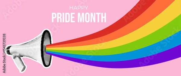 Obraz Happy Pride Month background. 2025 Gay Pride Month. Vector banner with collage halftone loudspeaker and wavy pride flag on pink background with copy space