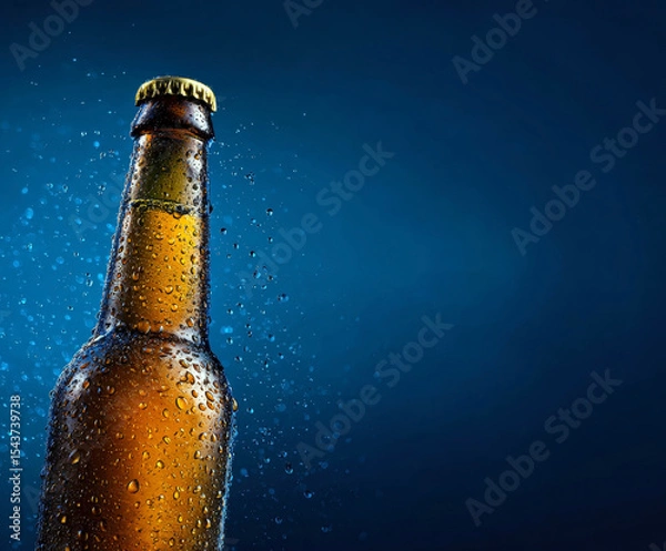 Obraz A frosty beer bottle glistens with droplets against a deep blue background, capturing the essence of refreshment and relaxation, perfect for any social gathering or quiet evening.