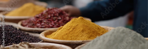 Fototapeta Variety of colorful spices displayed in open air market