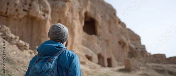 Fototapeta Backpacker exploring ancient ruins with curiosity
