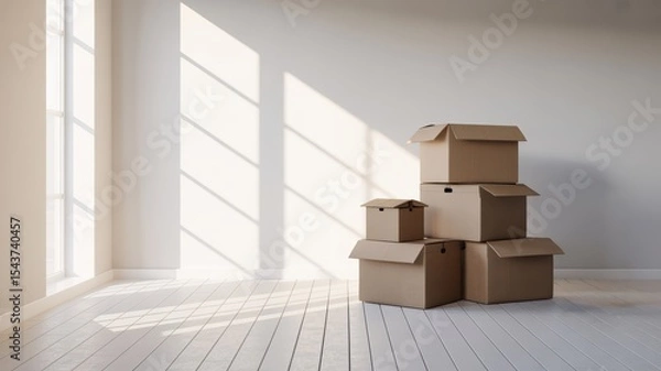Fototapeta Cardboard Boxes Stacked in Empty Room for Moving