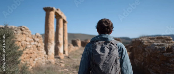Fototapeta Backpacker exploring ancient ruins under clear blue sky