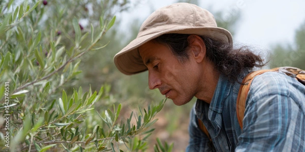 Fototapeta I dont know who this person is, but I can help describe image.Man hat harvesting olives grove