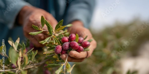 Fototapeta Hands harvesting ripe olives from tree branch