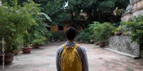 Fototapeta Backpacker with yellow backpack exploring tranquil temple garden