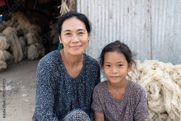 Fototapeta Woman and young girl smiling in front of rustic setting