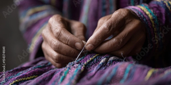 Fototapeta Hands skillfully mending colorful fabric with needle and thread