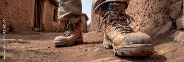 Fototapeta Worn boots walking on dusty path in rural area, close up view