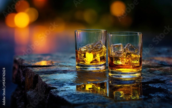 Obraz Two glasses of whisky on the rocks rest on a stone surface, elegantly reflecting warm hues.