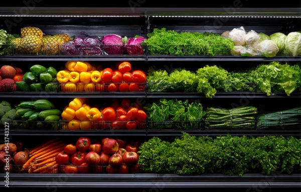 Obraz A colorful display of fresh vegetables and fruits, showcasing a variety of textures and hues, enticing shoppers with a healthy selection in a grocery store setting.