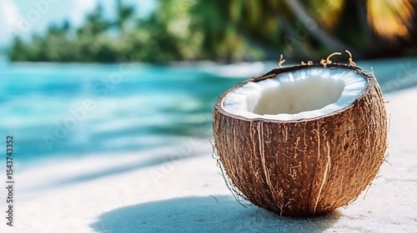 Fototapeta A chilled coconut pineapple smoothie, in a coconut shell, with a tropical beach background and space for text