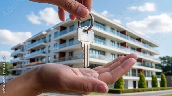 Fototapeta New Apartment Key in Hand with Modern Building Backdrop