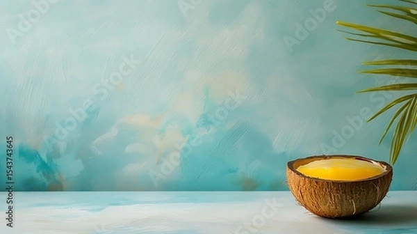 Fototapeta A chilled coconut pineapple smoothie, in a coconut shell, with a tropical beach background and space for text