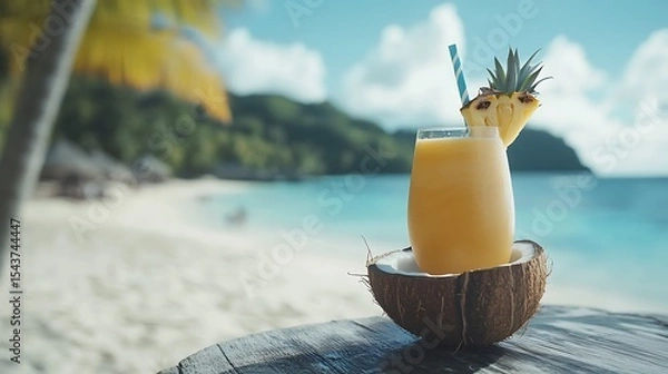 Fototapeta A chilled coconut pineapple smoothie, in a coconut shell, with a tropical beach background and space for text