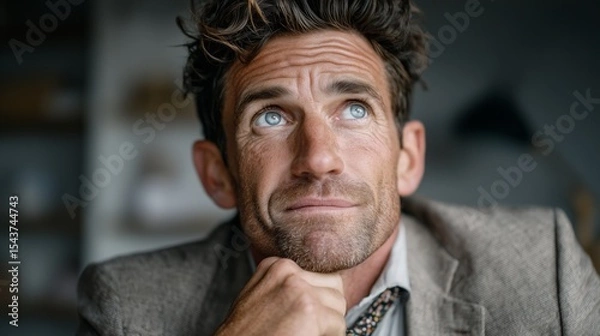 Fototapeta Skeptical thoughtful businessman with hand on chin, looking upward indoors. Concept of doubt, critical thinking, and uncertainty in business decisions.