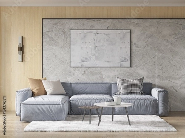 Fototapeta Mock up of an outrageous living room with a comfortable corner sofa and a fashionable decorative background, 3D rendering.