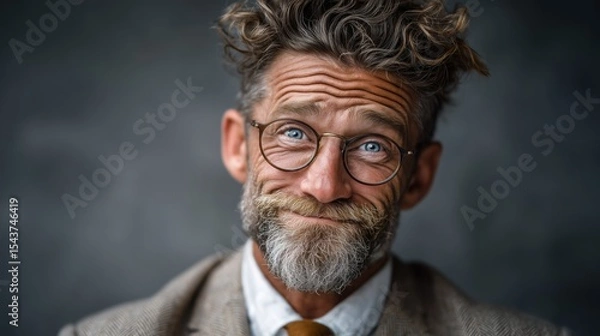 Fototapeta Humorous portrait of smiling mature man with curly hair, beard, and round glasses looking amused. Concept of joy, positivity, and charismatic personality.