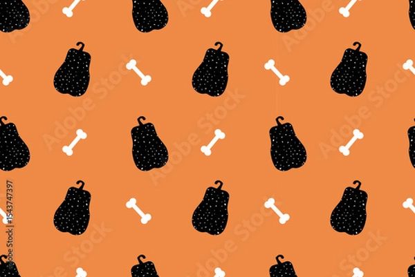 Obraz Halloween seamless  pattern black pumpkin with white polka dots and  bone on orange background. All Saints Day. National International Holiday. For background, wallpaper, textile, packaging or website