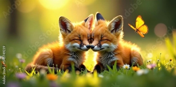 Fototapeta Sleepy fox cubs nestled in a sunbeam with butterflies, calm, fluffy, sleep