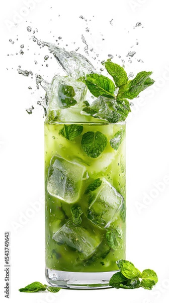 Obraz Refreshing Iced Matcha Tea with Mint and Ice Cubes on Transparent Background

