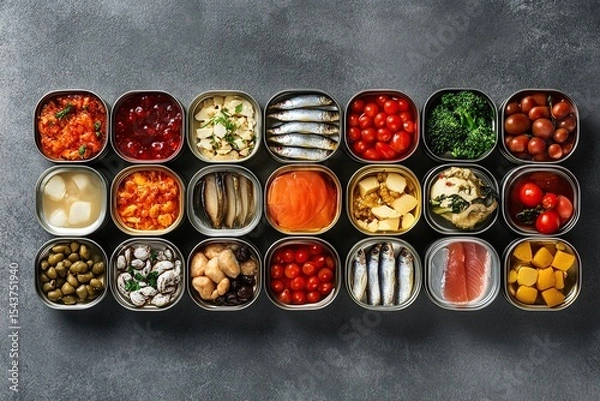 Obraz Canned food arranged in lines on a grey background, including sardines and tin cans
