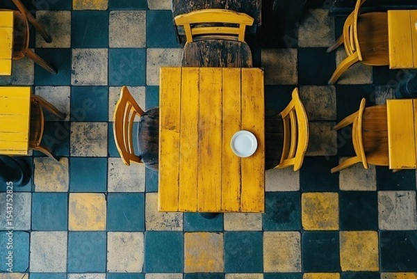 Obraz Cinematic, top-down view of yellow wooden tables and chairs centered on an old-fashioned checkered tile