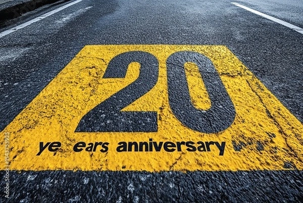 Obraz Bright yellow text "20 years anniversary", written on the asphalt, with the numbers in black letters
