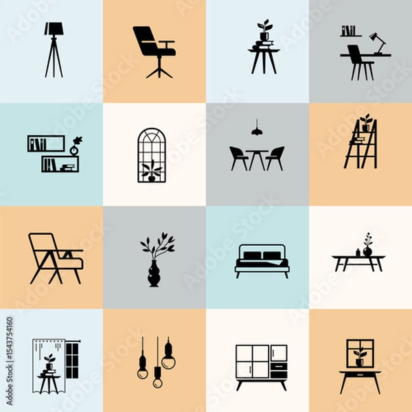 Fototapeta Furniture Icon Set with Minimal Color Grid