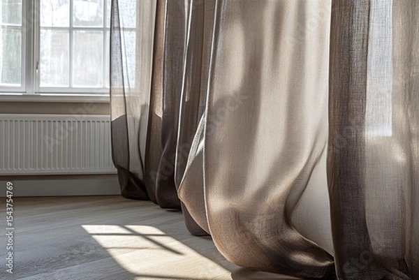 Obraz Close-up, detailed photograph of a window with sheer curtains. Warm sunlight is streaming through,