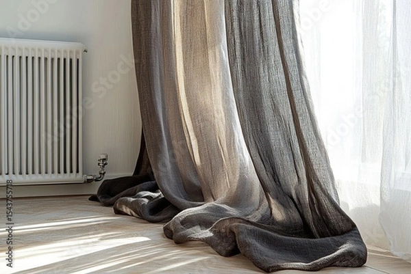 Obraz Close-up, detailed photograph of a window with sheer curtains. Warm sunlight is streaming through