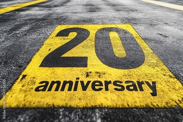 Obraz Bright yellow text "20 years anniversary", written on the asphalt, with the numbers in black letters