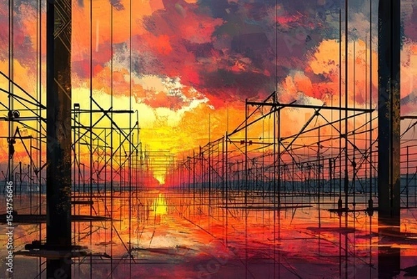 Obraz Center-pivot rain paintings and big steel frame overhead sprinklers at sunset on the farm
