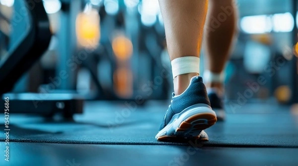 Fototapeta Athlete with injured ankle wrapped in medical tape during workout, sports injury treatment and recovery concept, fitness and healthcare theme.