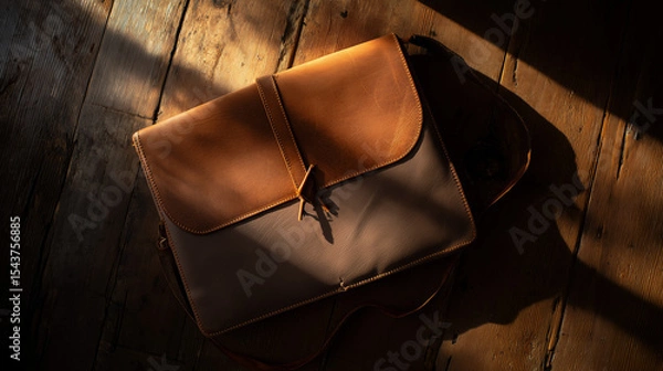 Obraz Vintage leather mail bag with sealed letter on wood, conveying timeless communication and nostalgia.
