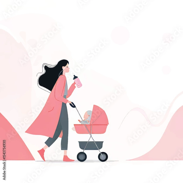 Obraz Tender Parenting in Pastel: Mother Walking with Baby in Playful Modern Art