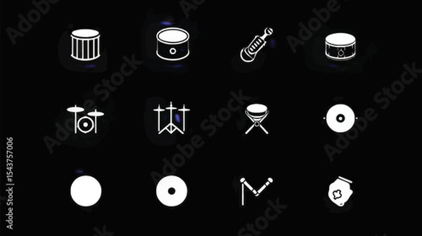 Obraz Drums & Percussion: Vector Icons of Music Symbols on Black Background