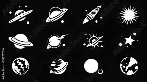 Obraz Cosmic Celestial Symbols: Black & White Galaxy, Planets, Stars, Universe Art