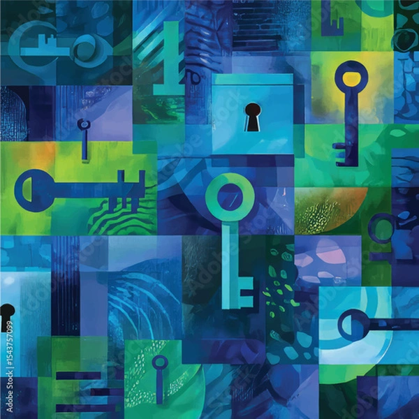 Obraz Abstract Key and Lock in Blue Tones with Colorful Geometric Patterns