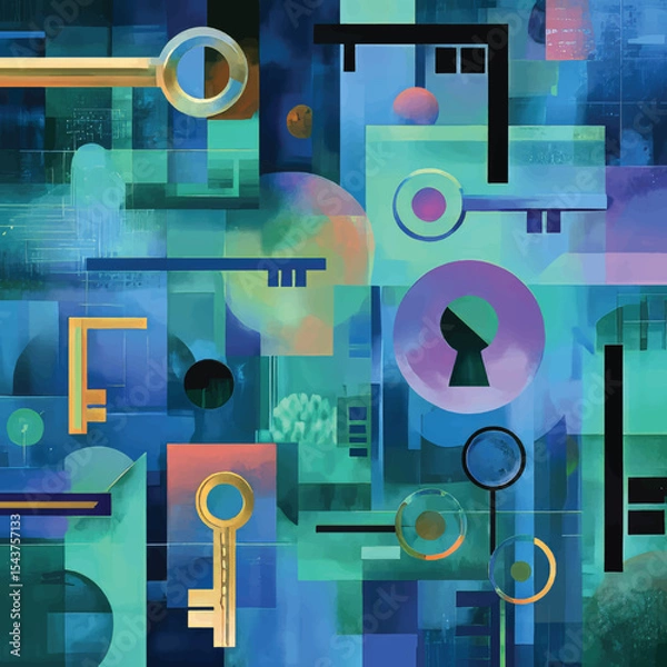 Obraz Abstract Art: Blue Toned Geometric Key Design with Security Symbols