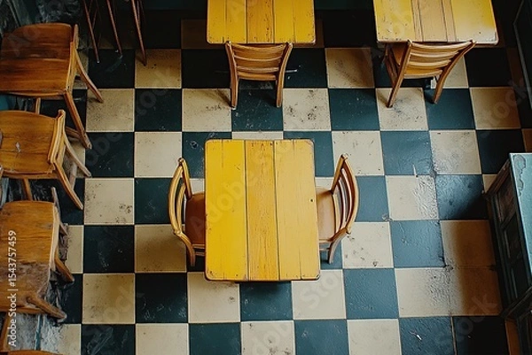 Obraz Cinematic, top-down view of yellow wooden tables and chairs centered on an old-fashioned checkered tile