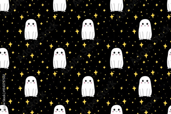 Obraz Seamless pattern of cute ghost and night starry sky. Cartoon character for Halloween. For backgrounds, wallpapers, textiles, packaging, or  website.